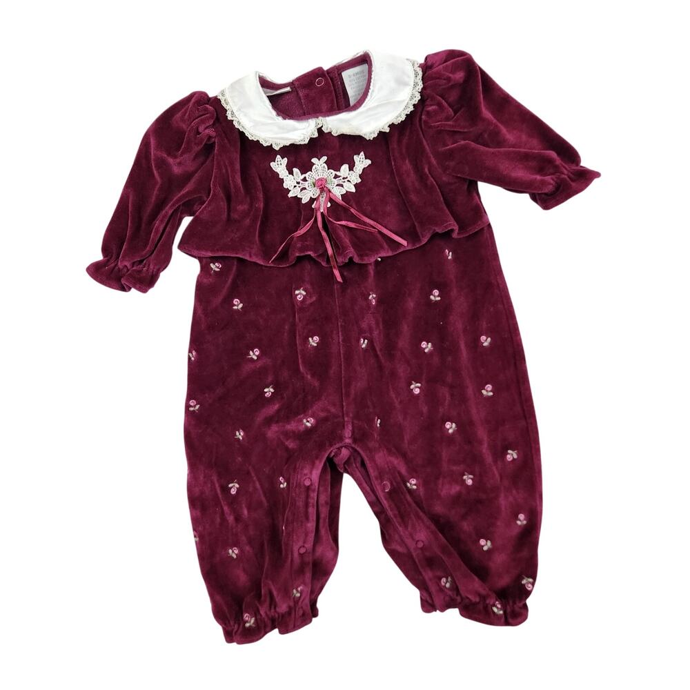 Babyworks 3-6M Burgundy Velour Floral Embroidered Baby Romper Vintage 90s